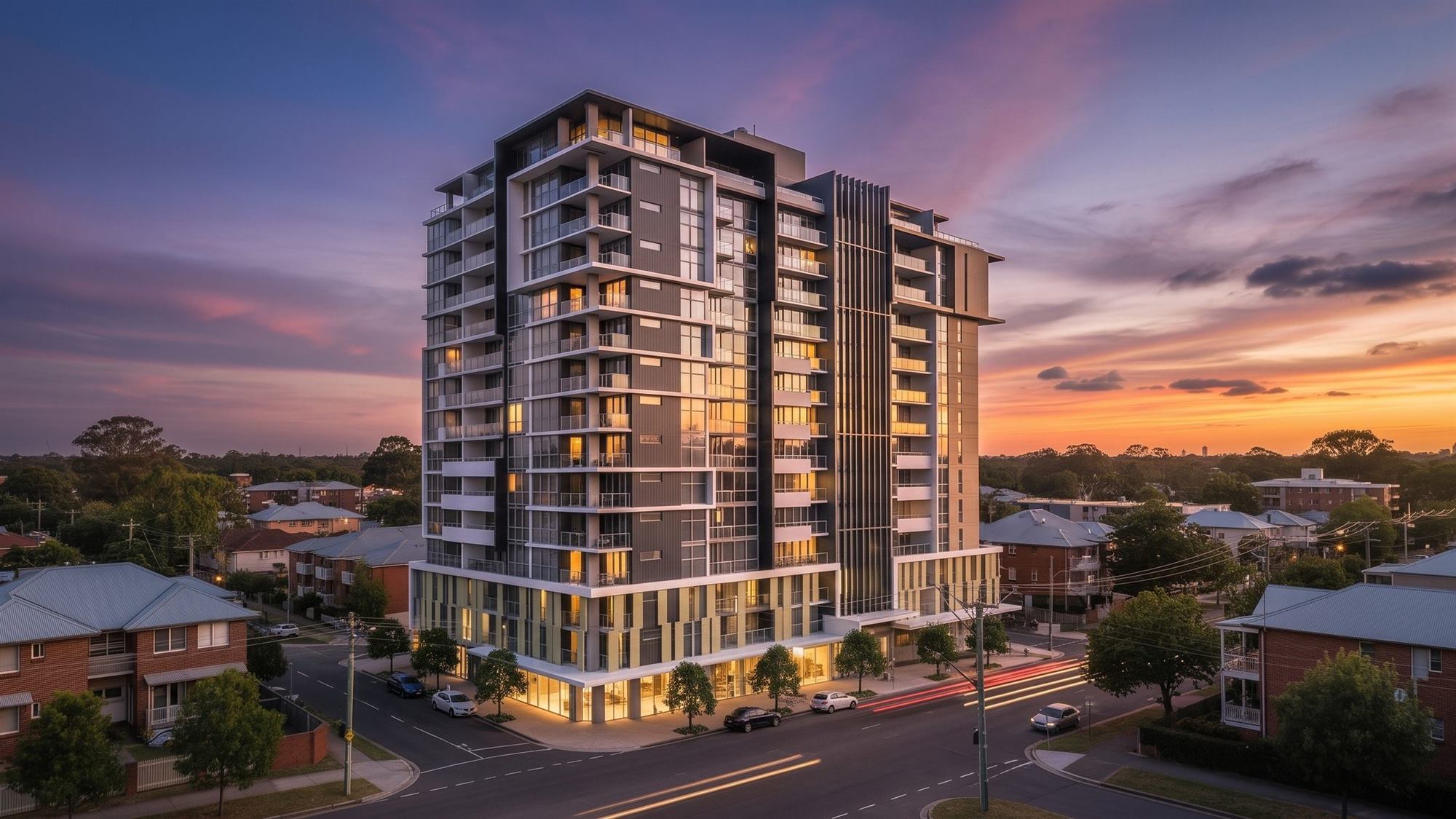 Rendering of the same tower at sunset, created from photographs of that model and the geography of the site