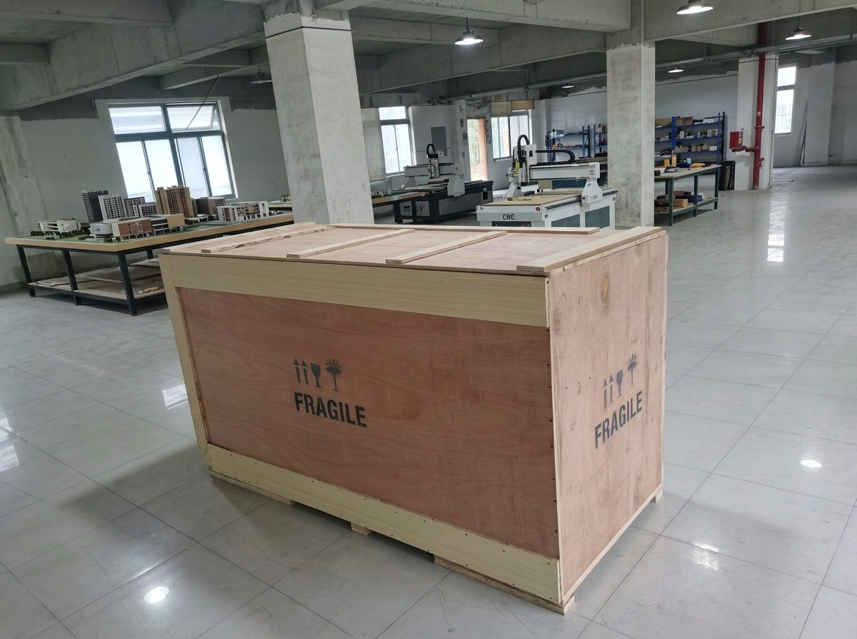 Sturdy wooden shipping crate stencilled FRAGILE on the workshop floor, CNC routers and scale models visible behind it