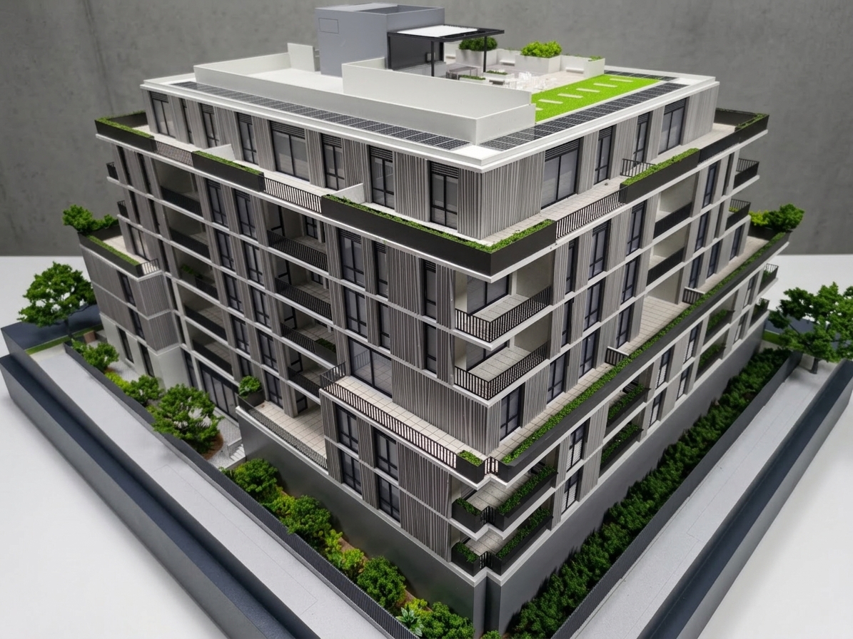 Dux Churchill scale model, corner view of the residential building with terraced balconies, planter greenery and a rooftop terrace with lawn